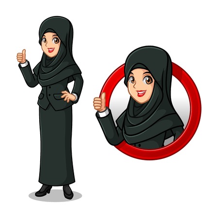 Businesswoman in black suit with veil cartoon character design, inside the circle logo concept with showing thumbs up isolated against white background.のイラスト素材