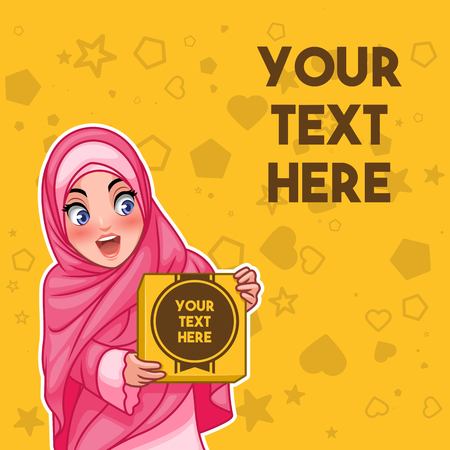 Muslim woman wearing hijab veil holding a box with text space cartoon character design, against yellow background, vector illustration.のイラスト素材