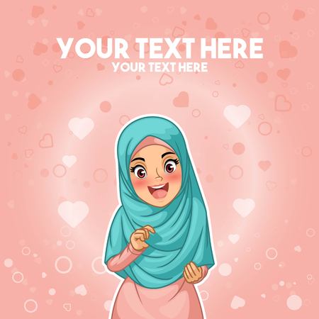 Muslim woman proud and happy with her hijab by holding her headscarf cartoon character design, against pink background, vector illustration.のイラスト素材
