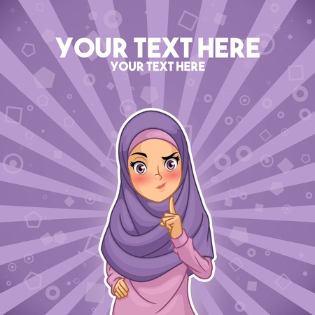 Muslim woman wearing headscarf hijab with a raised hand with finger up cartoon character design, against purple background, vector illustration.のイラスト素材