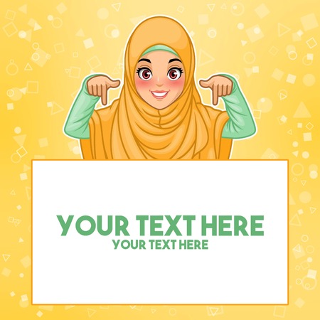 Young muslim woman wearing hijab veil pointing finger down at copy space, cartoon character design, against yellow background, vector illustration.のイラスト素材
