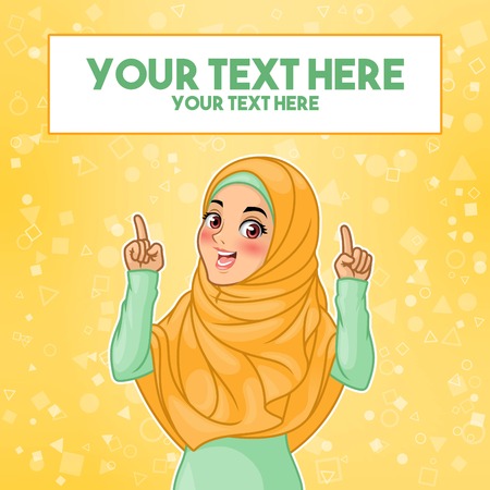 Young muslim woman wearing hijab veil pointing finger up at copy space, cartoon character design, against yellow background, vector illustration.のイラスト素材