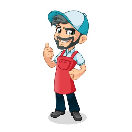 Man thumbs up with car wash apron mascot cartoon character design vector illustrationのイラスト素材