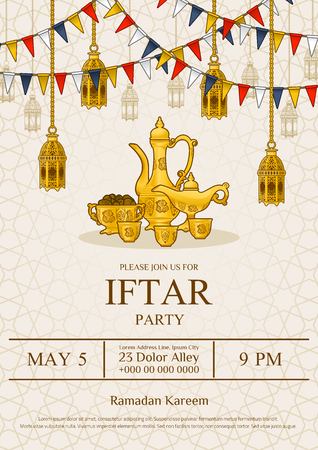 Islamic Iftar Party Invitation Flyer Card Design, Oriental Teapot Set and Bowl of Dates with Ramadan Decoration in Cartoon Illustration on The Geometry Background, Vector Template.のイラスト素材