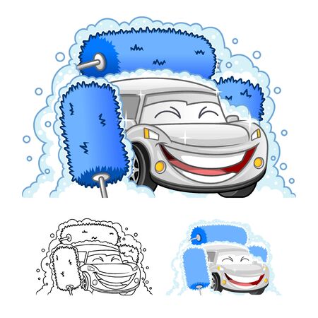 Happy Car Cartoon Character Design in Automatic Tunnel Car Wash Systems, Including Flat and Line Art Designs, Vector Illustration, in Isolated White Background.のイラスト素材