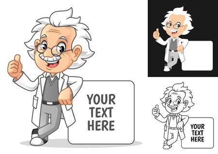 Happy Old Man Professor with Glasses Leaning on Empty Board Cartoon Character Design, Including Flat and Line Art Designs, Vector Illustration, in Isolated White Background.のイラスト素材