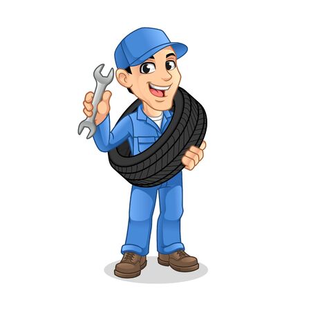 Mechanic Man Carrying The Tire with Holding a Wrench in The Other Hand for Service, Repair or Maintenance Mascot Concept Cartoon Character Design, Vector Illustration, in Isolated White Background.のイラスト素材