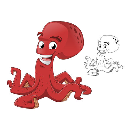 Cute Happy Red Octopus Present Something with Line Art Drawing, Aquatic and Marine Life, Vector Character Illustration Mascot Logo in Isolated White Background.のイラスト素材