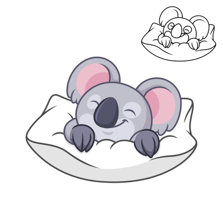 Cute Happy Koala Sleeping with Line Art Drawing, Animal, Vector Character Illustration Mascot Logo in Isolated White Background.のイラスト素材