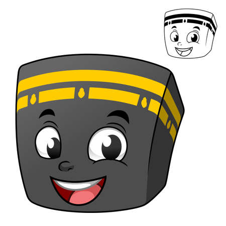 Cute Happy Kaaba with Line Art Drawing, Mosque, Vector Character Illustration Mascot Logo in Isolated White Background.のイラスト素材