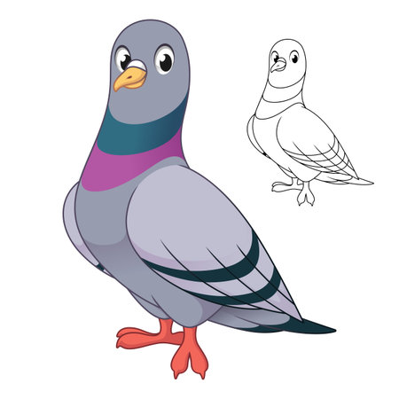 Cute Rock Pigeon Standing with Line Art Drawing, Animal Birds, Vector Character Illustration, Cartoon Mascot in Isolated White Background.のイラスト素材