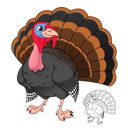 Male Turkey Bird with Line Art Drawing, Animal Birds, Vector Character Illustration, Cartoon Mascot in Isolated White Background.のイラスト素材