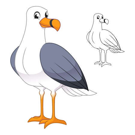 Cute Gull Seagull Standing with Line Art Drawing, Animal Birds, Vector Character Illustration, Cartoon Mascot in Isolated White Background.のイラスト素材