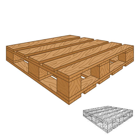 Wood Pallet with Line Art Drawing, Shipping Industry, Vector Character Illustration, Cartoon Mascot Logo in Isolated White Background.のイラスト素材