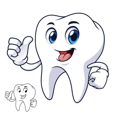 Tooth Giving Thumb Up with Line Art Drawing, Health and Dental Medicine, Vector Character Illustration, Cartoon Mascot Logo in Isolated White Background.のイラスト素材