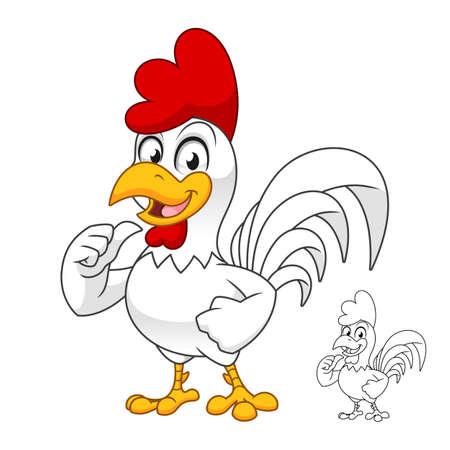Rooster with Ok Hand Sign with Line Art Drawing, Birds Roosters and Chickens, Vector Character Illustration, Cartoon Mascot Logo in Isolated White Background.のイラスト素材