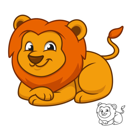 Cute Happy Baby Lion Sit and Relax with Black and White Line Art Drawing, Mammals, Vector Character Illustration, Outline Cartoon Mascot Logo in Isolated White Background.のイラスト素材