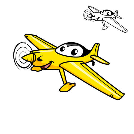 Cute Happy Airplane Flying with Black and White Line Art Drawing, Transport, Vector Character Illustration, Outline Cartoon Mascot Logo in Isolated White Background.のイラスト素材