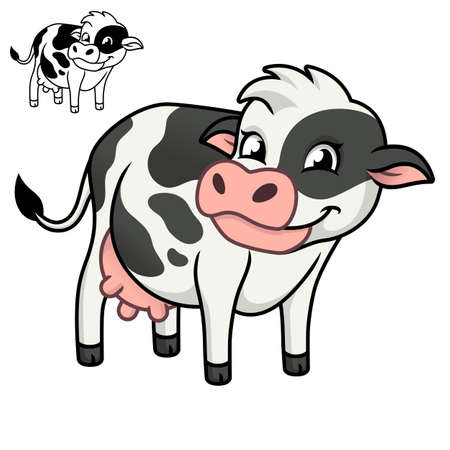 Cute Happy Dairy Cow with Black and White Line Art Drawing, Mammals, Vector Character Illustration, Outline Cartoon Mascot in Isolated White Background.のイラスト素材