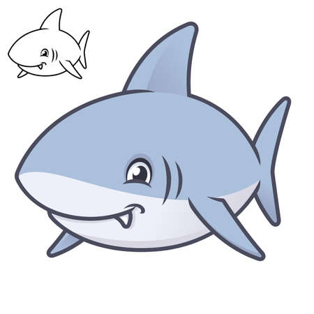 Cute Happy Baby Shark with Black and White Line Art Drawing, Aquatic and Marine Life, Vector Character Illustration, Outline Cartoon Mascot in Isolated White Background.のイラスト素材