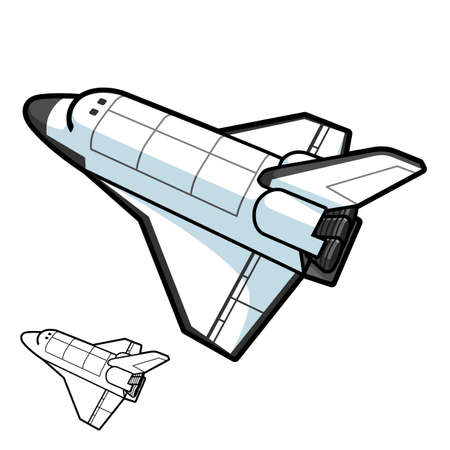Space Shuttle Top View with Black and White Line Art Drawing, Air Transport, Vector Cartoon Illustration in Isolated White Background.のイラスト素材