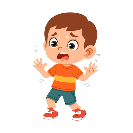 Flat design illustration of a scared boy character stepping slightly backward with a fearful expression. This pose represents fear, nervousness, surprise, or caution, making it suitable for childrenâs educational content, safety awareness materials, emotional learning, storytelling visuals, and kid focused communication. The clean flat illustration style and expressive body language help convey emotions clearly for modern education designs, apps, presentations, websites, and mascot characters.のイラスト素材