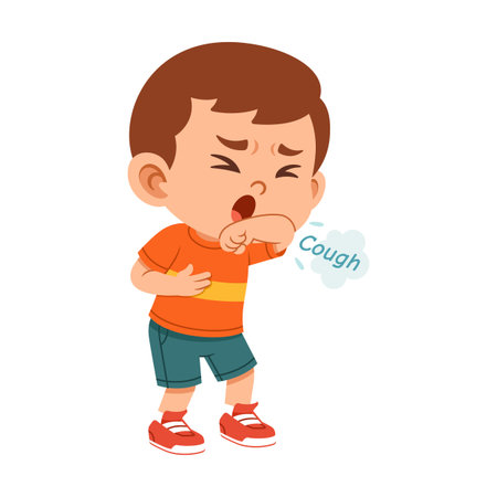 Flat design illustration of a boy character coughing while covering his mouth with his elbow. This pose represents cough etiquette, hygiene habits, health education, and illness prevention, making it ideal for childrenâs educational content, school health materials, safety awareness campaigns, hygiene posters, learning apps, and kid focused communication. The clean flat illustration style and clear body gesture help communicate proper coughing behavior for modern education visuals, websites, presentations, and mascot characters.のイラスト素材