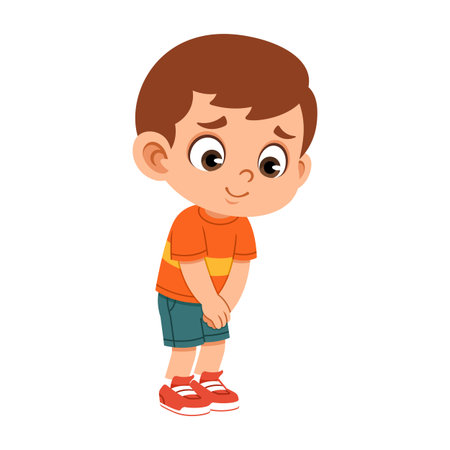 Flat cartoon boy with head slightly down and hands clasped in front showing a shy expression. Ideal for emotion charts, kids education materials, posters, and sticker design.のイラスト素材