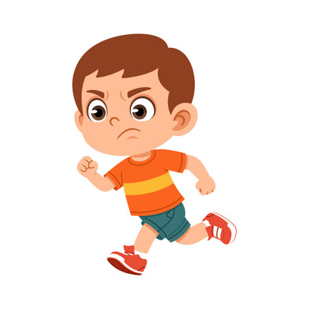 Flat cartoon boy running with clenched fists showing a determined expression. Ideal for motivation themes, goal setting concepts, kids education materials, posters, and character design use.のイラスト素材