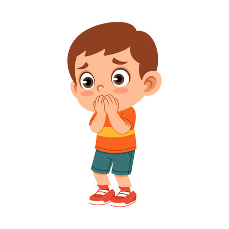 Flat cartoon boy covering his face with blushing cheeks showing an embarrassed expression. Great for emotion charts, kids posters, stickers, and educational materials.のイラスト素材