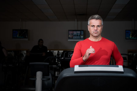 Mature man running on a treadmill at gym