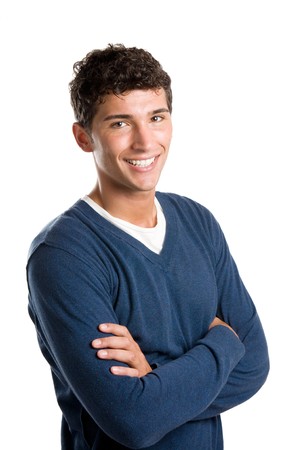 Young smiling latin man looking at camera isolated on white backgroundの写真素材