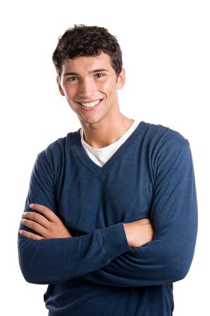 Young smiling latin man looking at camera isolated on white backgroundの写真素材