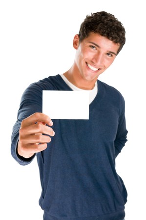 Young smiling latin man holding blank white card to write it on your own text isolated on white backgroundの写真素材