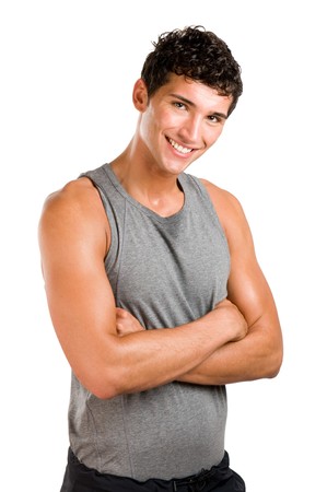 Smiling satisfied active young man looking at camera isolated on white backgroundの写真素材