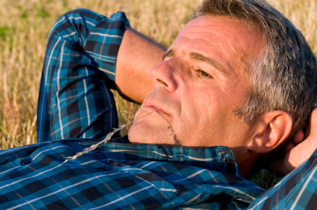 Mature man with little straw in his mouth thinking and looking away lying on a yellow meadow in...