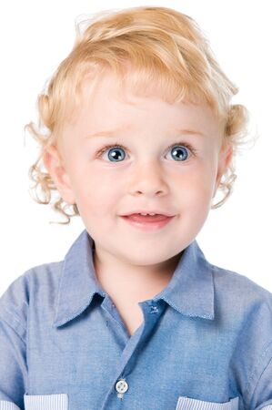 Happy smiling beautiful child looking away isolated on white backgroundの写真素材
