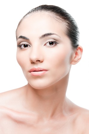 Beauty portrait of young beautiful woman isolated on white background, professional makeup and retouchingの写真素材