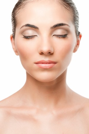 Perfect beautiful woman relaxing with close eyes, professional beauty makeup and retouchingの写真素材
