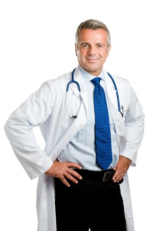 Confident mature doctor smiling isolated on white backgroundの写真素材