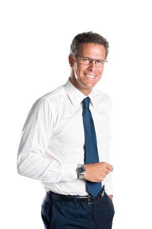 Smiling senior businessman looking at camera with a pair of glasses, isolated on white backgroundの写真素材