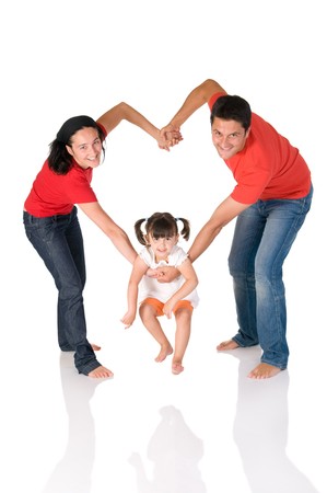 Happy family staying together in a heart shape embrace isolated on white backgroundの写真素材