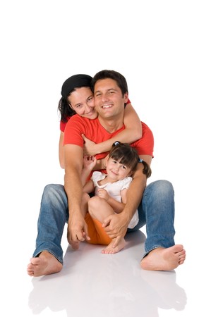 Happy family embrace isolated on white backgroundの写真素材