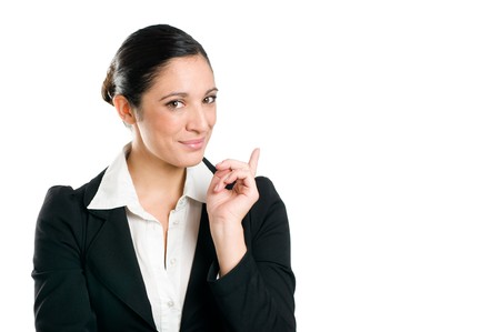 Worried business woman recommend you with finger up isolated on white background and copy spaceの写真素材