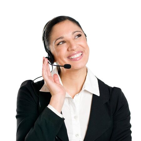 Young woman phone operator with headset at call center isolated on white backgroundの写真素材