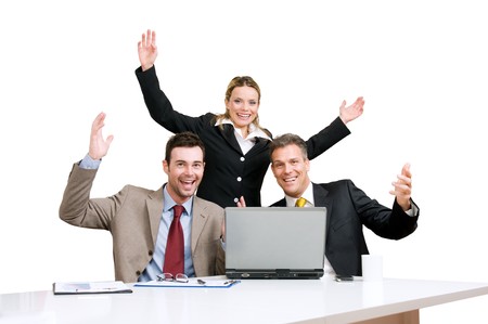 Happy smiling business team celebrate their new success isolated on white backgroundの写真素材