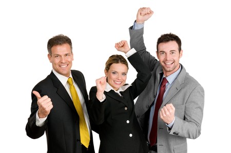 Successful happy business team celebrate their new success isolated on white backgroundの写真素材