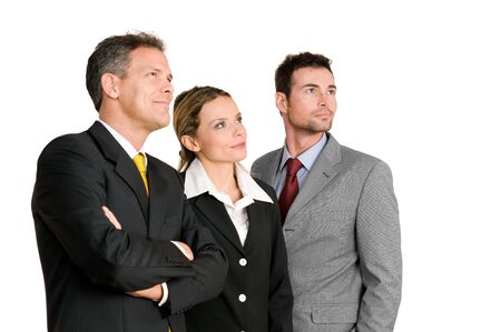 Satisfied confident business team looking away at their bright future isolated on white backgroundの写真素材