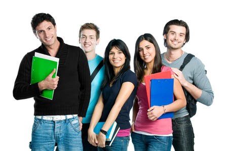 Group of happy young teenager students standing and smiling with books and bags isolated on white background.