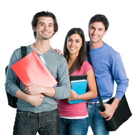 Happy smiling latin students standing together with books isolated on white backgroundの写真素材